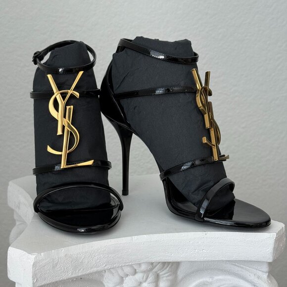 Saint Laurent Cassandra YSL Medallion Strappy Stiletto Sandals | Size 37.5 / 7.5 - Picture 4 of 11